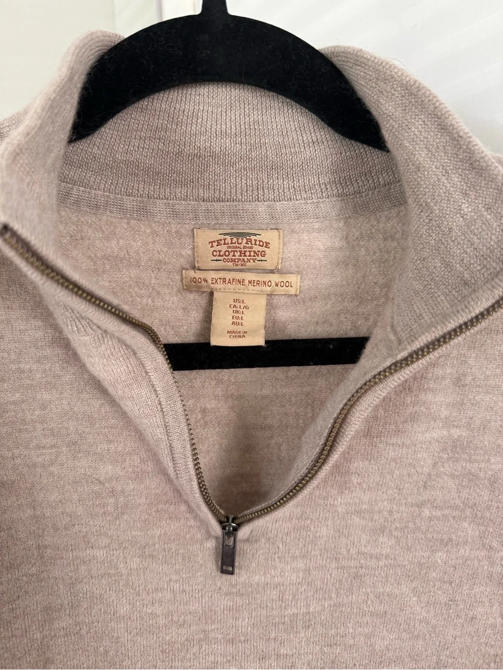 Telluride Clothing Co Men’s L 100% Merino Wool Quarter Zip Sweater Taupe